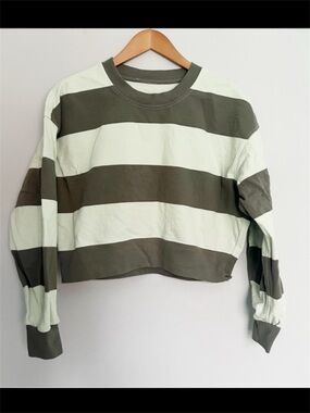 Lululemon Perfectly Oversized Cropped Crew *Stripe Grey Sage Kohlrabi Green Sz 4